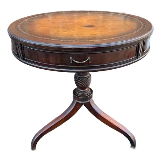 Vintage Federal Style Spider Leg Leather Top Drum Table For Sale