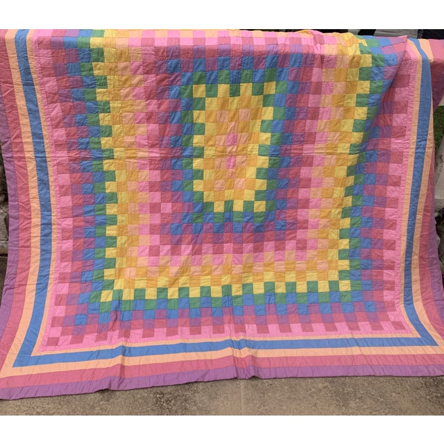 Arts & Crafts Vintage Hand Stitched Multicolor Square Patches Quilt 89” X 81” For Sale - Image 3 of 12