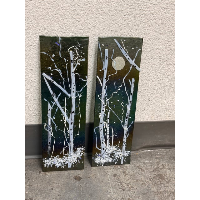 Abstract Winter Landscape Glass Wall Art Panels, Set of Two For Sale In San Francisco - Image 6 of 12