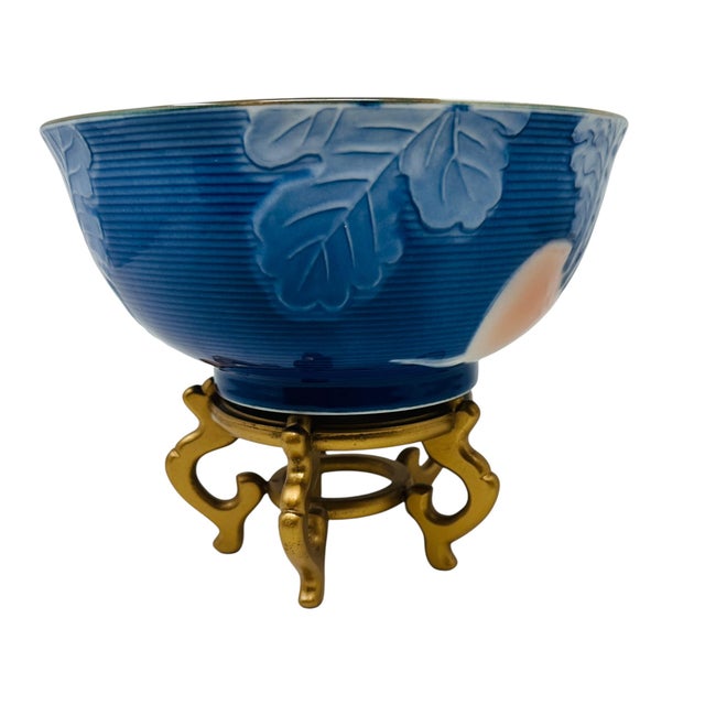 1980s Vintage Japanese Ryusen Cobalt Blue Relief Porcelain Turnip Bowl For Sale - Image 5 of 13