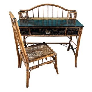 Vintage Chinoiserie, Burnt Bamboo and Rattan Desk and Chair in the British Colonial Style Chair Dimensions: 39 3/4” H X 17 1/4” Seat H , Seat D/ W 17” For Sale
