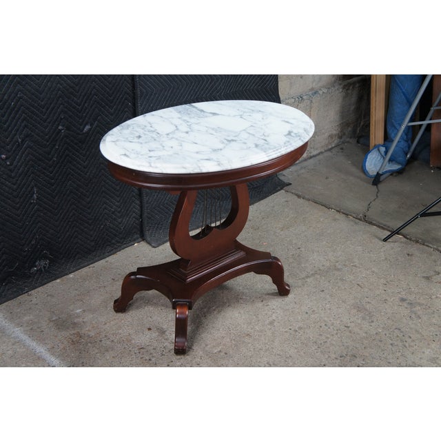 Brown 1970s 2 Victorian Revival Cherry Marble Top Lyre Harp Hall Entry Parlor Console Tables For Sale - Image 8 of 13