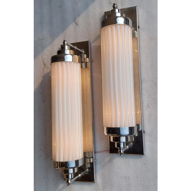Vintage Art Deco Skyscraper Wall Sconces Fixture in Nickel Brass & Milk Glass - a Pair For Sale - Image 6 of 7