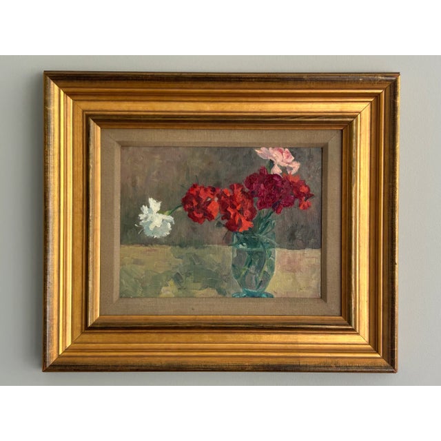 Vintage Original Oil on Board Still Life – Red, Pink & White Carnations in Blue Glass Vase This stunning original still...
