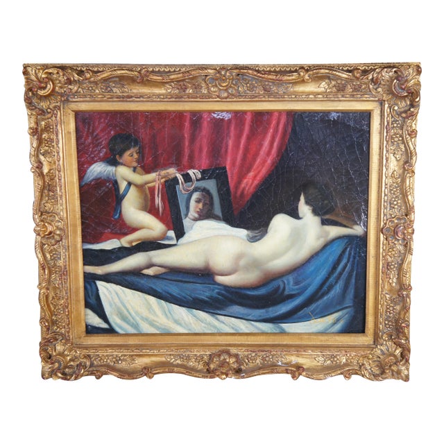 Vintage Baroque Style Reclining Female Nude Oil Painting Divan Cherub Framed 38" For Sale