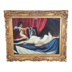 Vintage Baroque Style Reclining Female Nude Oil Painting Divan Cherub Framed 38"