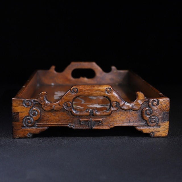 Late 20th Century Zen-Style Huali Wood Handcrafted Tray With Mother-of-Pearl Inlay, Floral & Bird Motif Chinese Decorative Serving Tray For Sale - Image 9 of 10