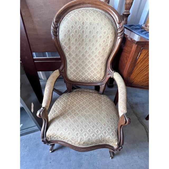 Rococo Victorian-Style Balloon-Back Parlor Armchair With Patterned Upholstery & Casters For Sale - Image 3 of 7