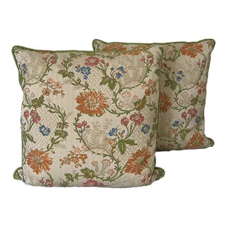 Nancy Corzine Pair of Pillows in a Linen Damask That Has Been Hand Beaded With Multi Color of Beads For Sale