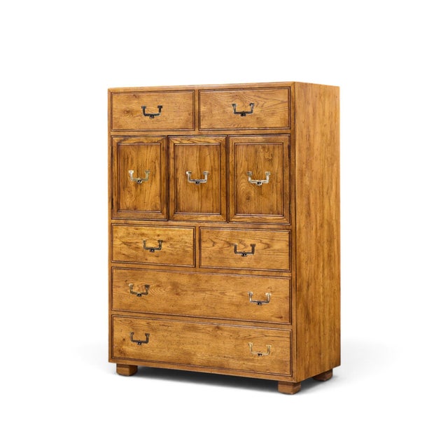 Mid-Century Modern Henredon Campaign Mid Century Oak and Brass Highboy Dresser Armoire For Sale - Image 3 of 10