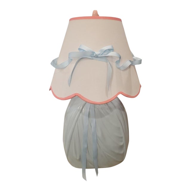 Vintage Custom Painted Styled John Dickinson Draped Plaster Pale Blue Table Lamp W/ Custom Ribbon Shade For Sale
