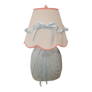 Vintage Custom Painted Styled John Dickinson Draped Plaster Pale Blue Table Lamp W/ Custom Ribbon Shade