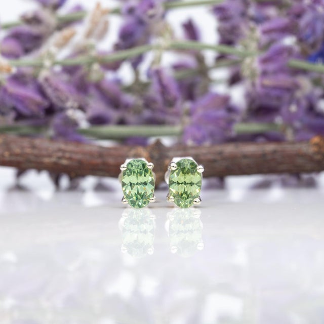 Modern 1Ct Green Dragon Demantoid Garnet Solitaire Stud Earrings: Solid 14k Gold, 6x4mm, Pair For Sale - Image 3 of 7