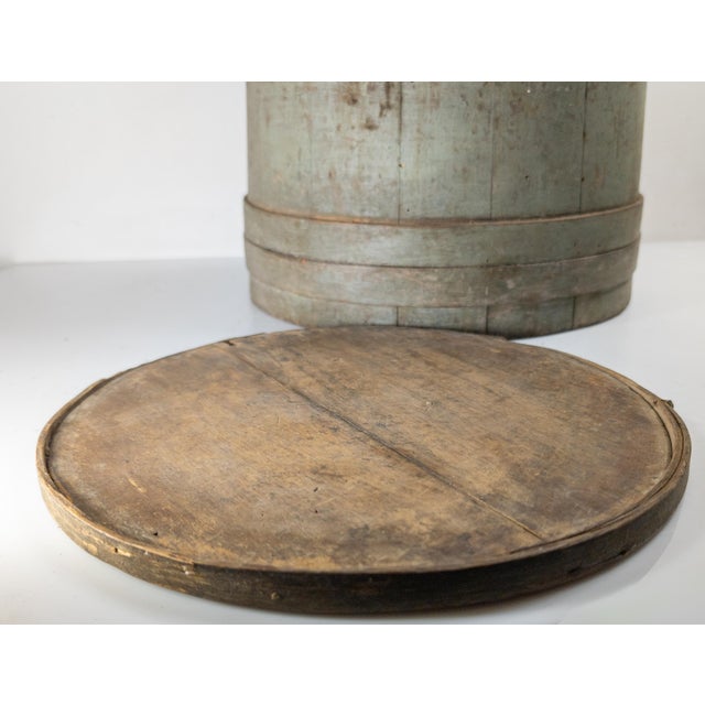 19th Century Rustic Primitive Farmhouse Grey Green Painted Firkin Bucket For Sale - Image 14 of 15