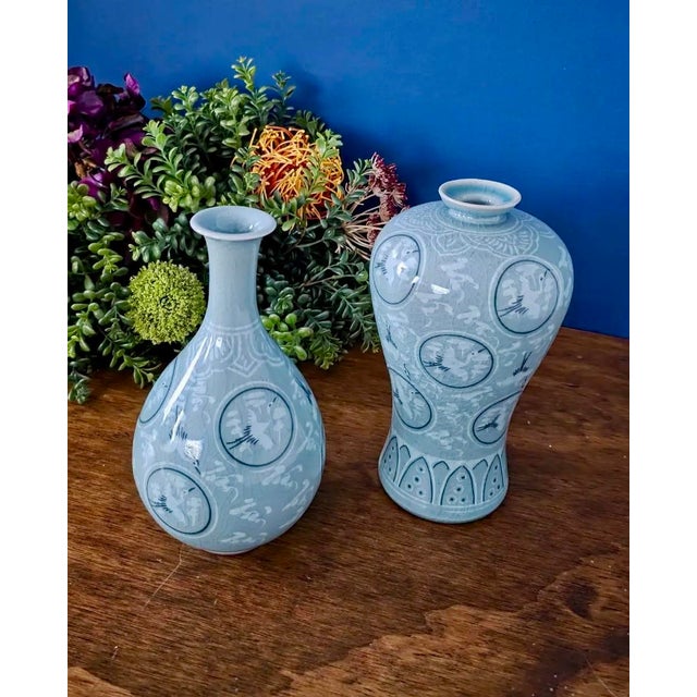 Ceramic 1970’s Thousand Crane Celadon Vases Set of 2 For Sale - Image 7 of 18