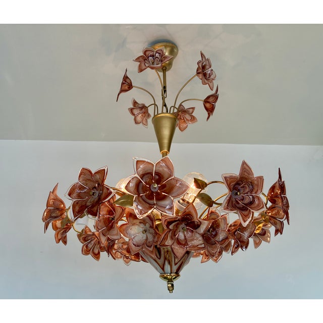 Large Murano Style Brown Flower Bouquet Chandelier With 4 E27 Bulbs. Hand-Blown Glass Flowers, Restored , Rare Italian Vintage For Sale - Image 16 of 17