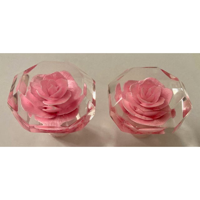 Art Deco 1960s Rose Imbedded Lucite Knobs - A Pair For Sale - Image 3 of 4