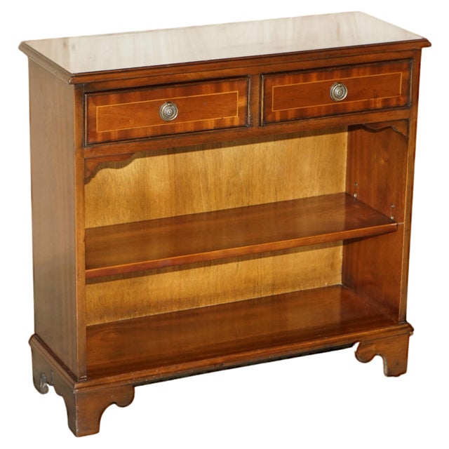 Small Vintage Flamed Mahogany Open Library Bookcase with Drawers from Bevan Funnell For Sale