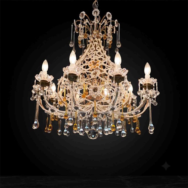 Italian Beaded Crystal 10-Light Chandelier with Amber Drops, 1950s For Sale - Image 10 of 16