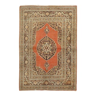Antique Circa 1900 Terracotta Tabriz Area Rug 4'2 X 5'11 For Sale