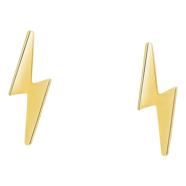 14k Solid Gold Lightning Bolt Dainty Stud Earrings in Screw Back Closure - 2 Pieces For Sale