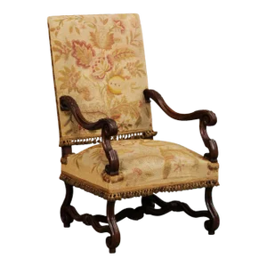 19th Century French Louis XIV Style Walnut Fauteuil with Carved Arms and Scrolling Legs