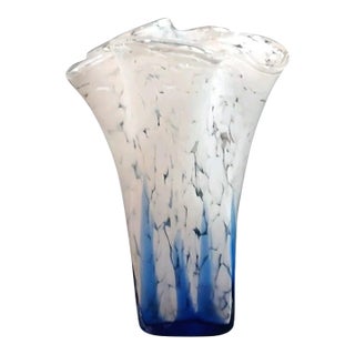 Vintage Murano Style Blue Mottled White Art Glass Handkerchief Vase For Sale
