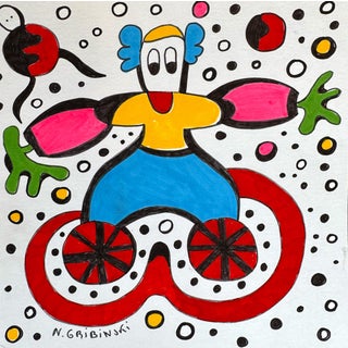 Wheels of Joy — Nathalie Gribinski — Small Abstract Figurative Drawing (8 X 8 In, 2025) For Sale