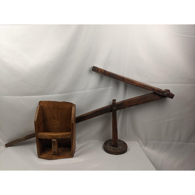 19th Century American Primitive Wooden Grain Scoop With Folding Support Arm & Iron Hanger For Sale - Image 15 of 18
