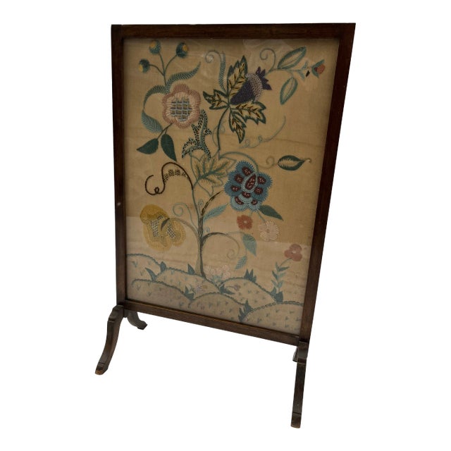 Antique Crewel Work Wood Framed Fire Screen For Sale