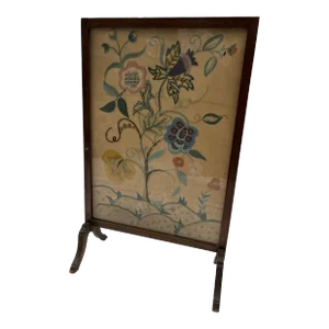 Antique Crewel Work Wood Framed Fire Screen