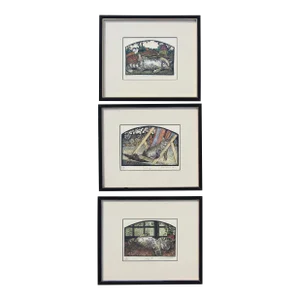 Rama Samaraweera (1926) Set of Three Woodblock Prints Depicting Cats