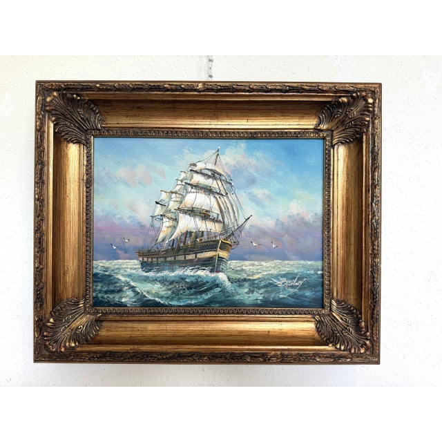 Nautical Signed Original Oil Painting on Canvas Seascape Gold Frame Maritime Nautical Art For Sale - Image 3 of 12