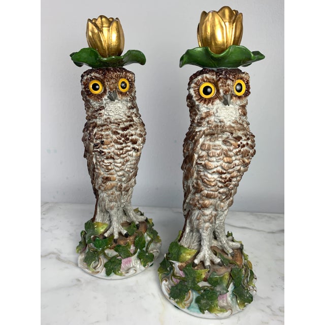Pair of 19th Century English Porcelain Owl Candlesticks For Sale - Image 13 of 13
