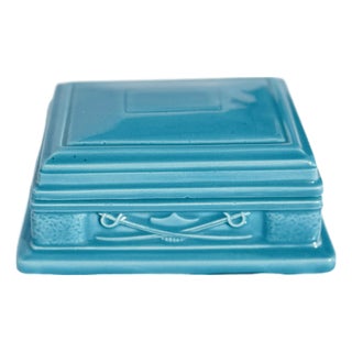 Vintage Atlantic Mold Turquoise Ceramic Trinket Box, Mid-Century Modern Studio Pottery For Sale