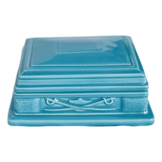 Vintage Atlantic Mold Turquoise Ceramic Trinket Box, Mid-Century Modern Studio Pottery For Sale