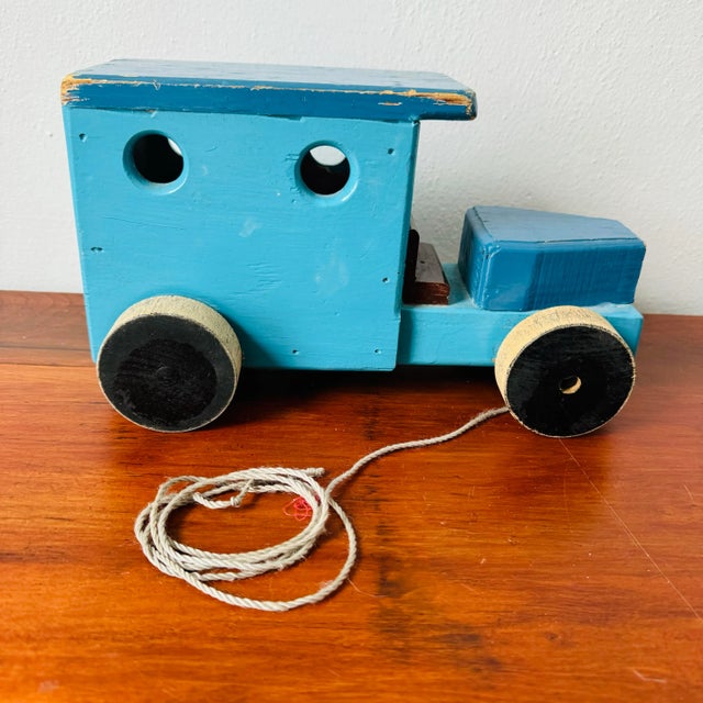 Wood Vintage Blue Primative Wood Milk Truck Pull Toy For Sale - Image 7 of 12