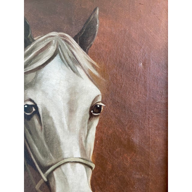Vintage Original White Horse Oil Painting, Signed Equestrian Portrait - Signed For Sale - Image 10 of 14