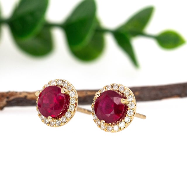 3.6cts, 7mm Madagascar Ruby and Diamond Halo Earrings in Solid 14k Gold- 2 pieces For Sale - Image 4 of 6