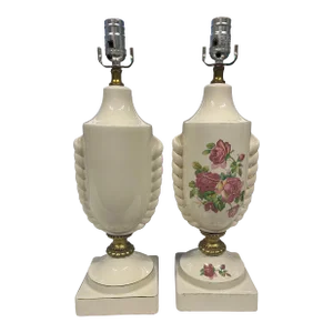 Pair Midcentury Urn Brass and Ceramic Table Lamps