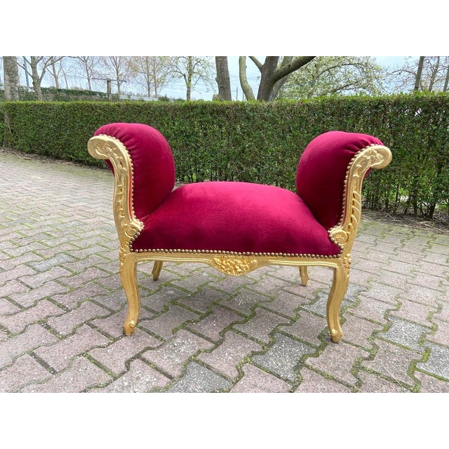 1970s 1970 French Artisan Louis XVI Red Velvet Beech Bench For Sale - Image 5 of 8