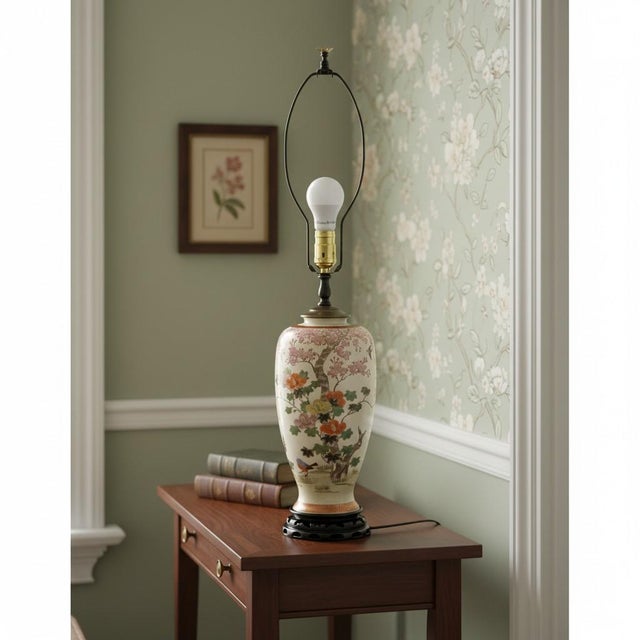 Japanese Vintage Satsuma Style Porcelain Table Lamp-Floral-Birds-Crackle Glaze-Wood Base For Sale - Image 3 of 10