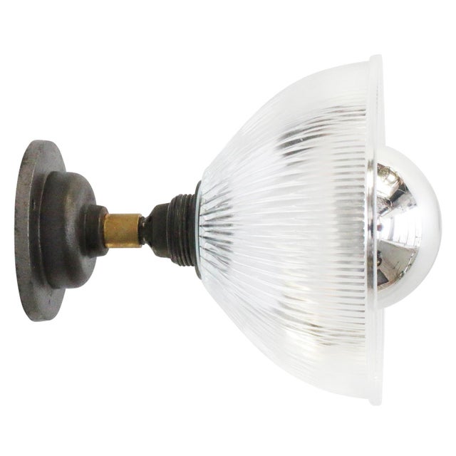 Clear Holophane Glass and Cast Iron Sconce For Sale - Image 6 of 6