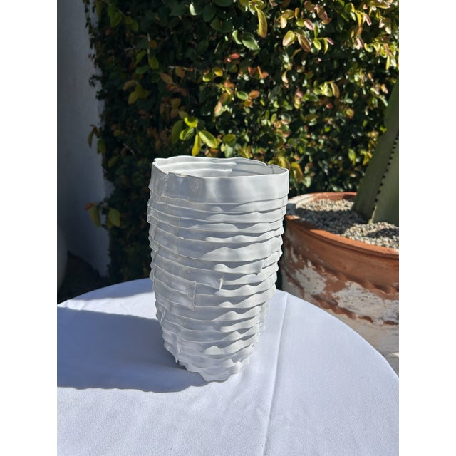 Late 20th Century Vintage White Ceramic Applied Ribbon Vase For Sale - Image 5 of 13