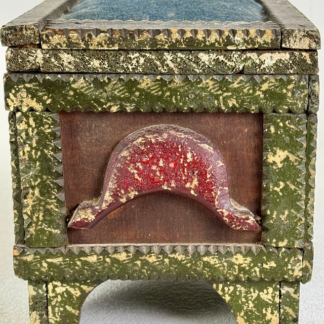Vintage Painted Tramp / Folk Art Sewing Box With Large Pincushion Top & Red Heart Carving For Sale - Image 16 of 18
