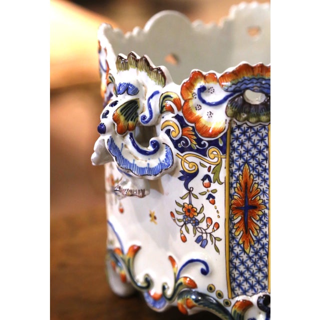 French Pair 19th Century French Rouen Faience Cachepots With Applied Masks For Sale - Image 3 of 10