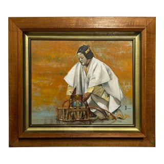 Mid-Century Japanese Noh Theater Original Oil Painting by Hideki Hanabusa, C. 1960's For Sale