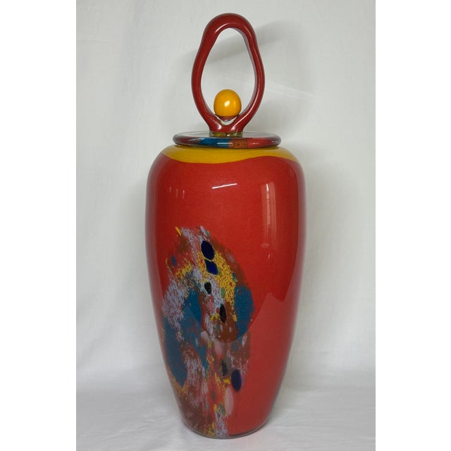 Postmodern Multicolor Art Glass Jar Vase Loop & Ball Finial Lid For Sale - Image 11 of 12