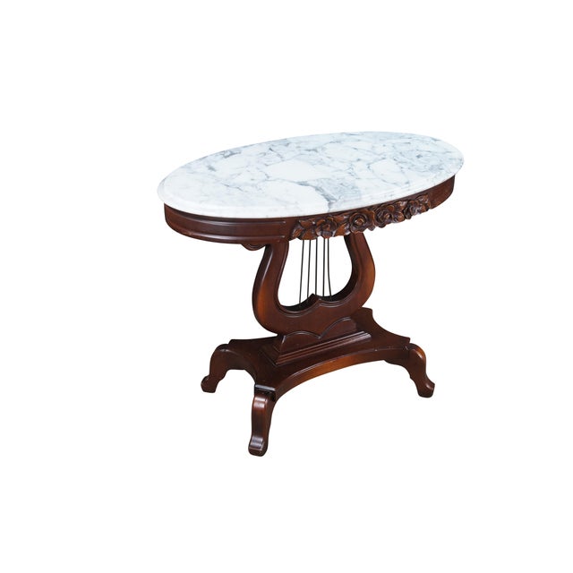 Victorian 1970s 2 Victorian Revival Cherry Marble Top Lyre Harp Hall Entry Parlor Console Tables For Sale - Image 3 of 13