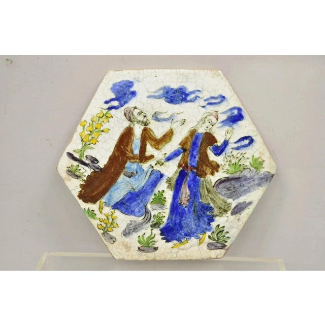 Antique Persian Iznik Qajar Style Ceramic Pottery Tile Hexagonal Blue Couple C5 For Sale - Image 11 of 11